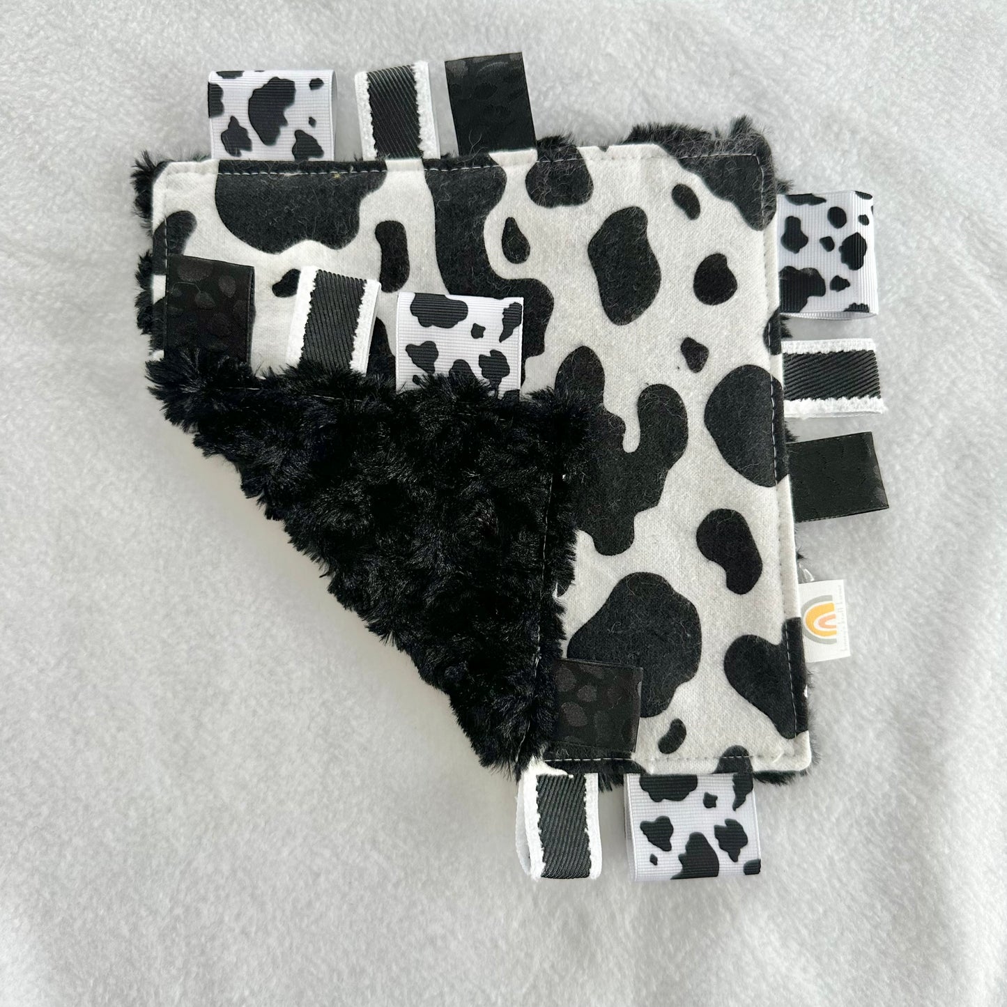 Black Cow Print Taggie Blanket Toy