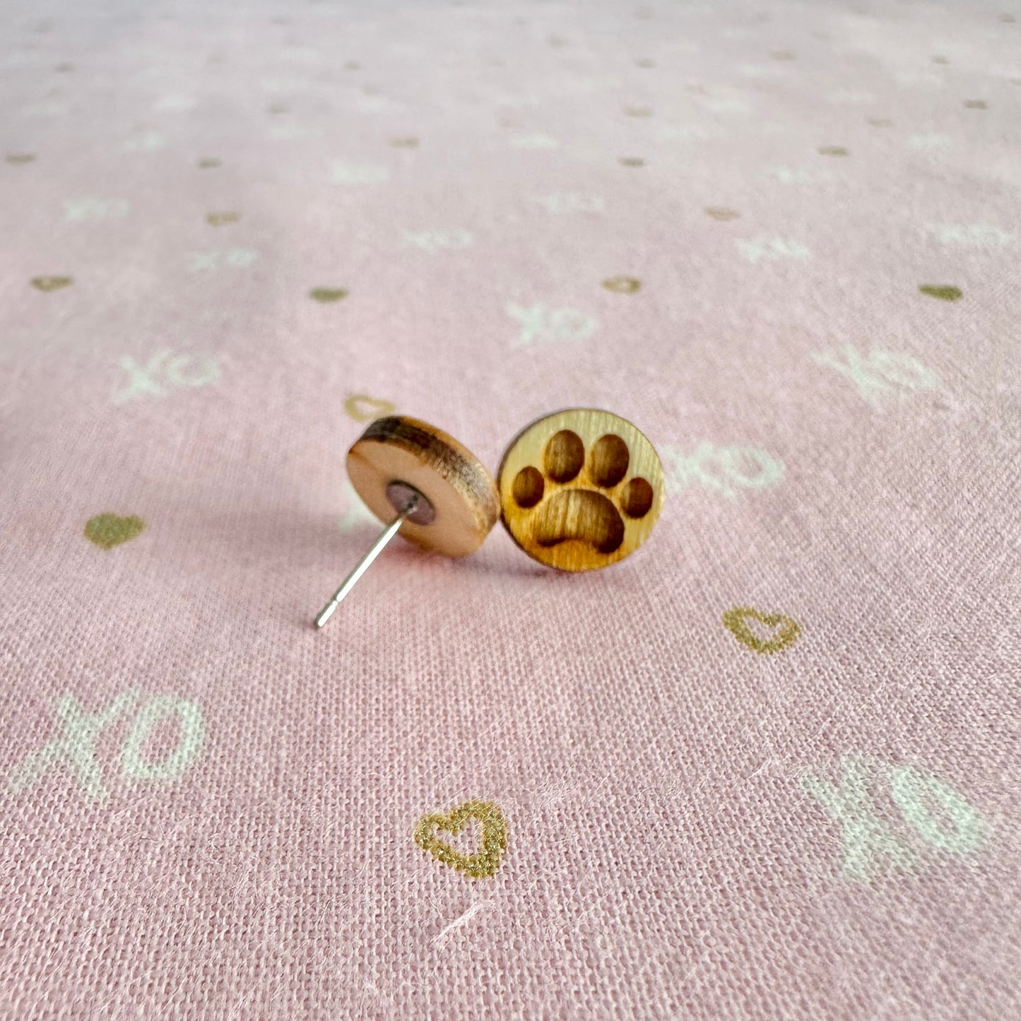 Paw Prints Natural Wood Stud Earrings