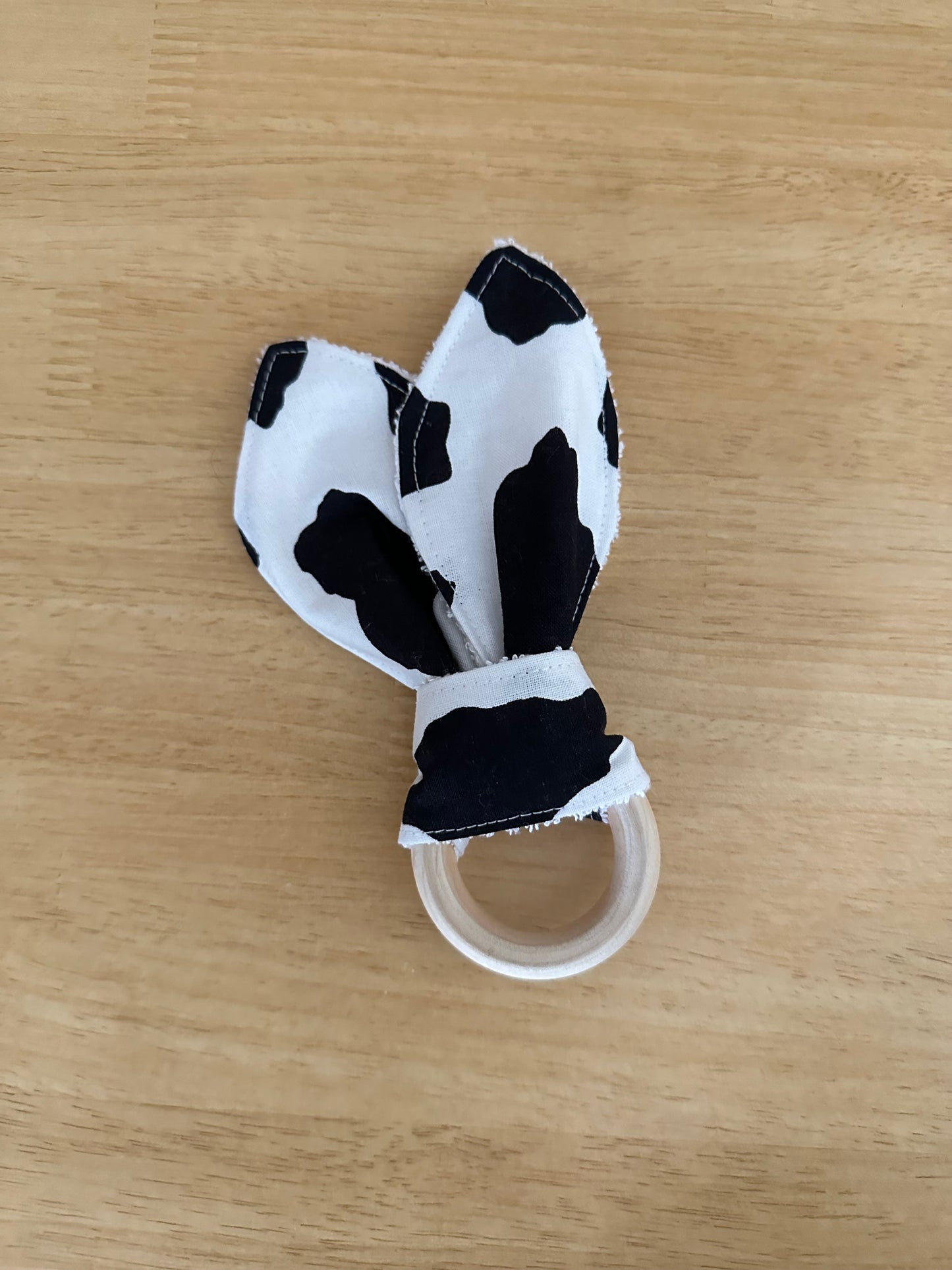 Black Cow Print Bunny Ear Teether