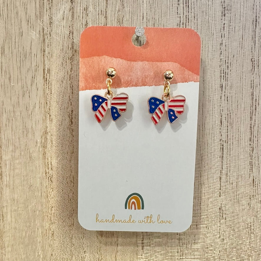 Patriotic Bow Dangle Stud Earrings