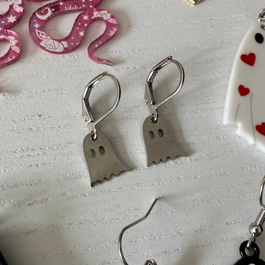 Silver Ghost Huggie Dangle Earrings