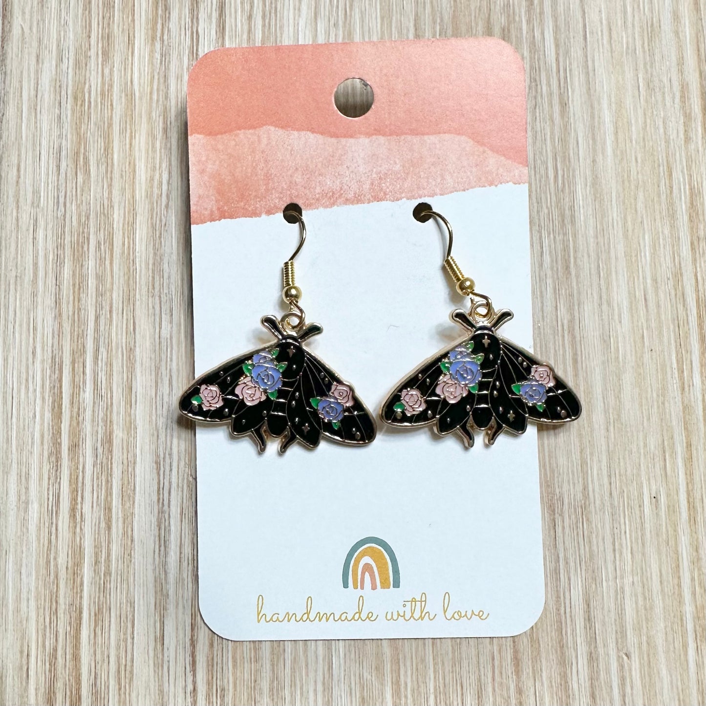 Black Floral Moth Earrings