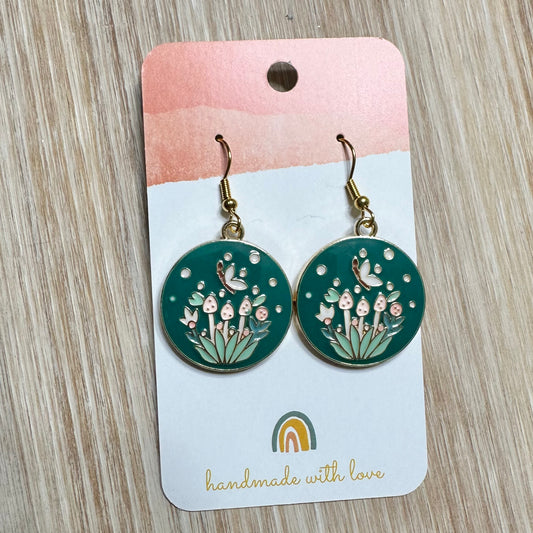 Blue Green Mushroom Circle Earrings