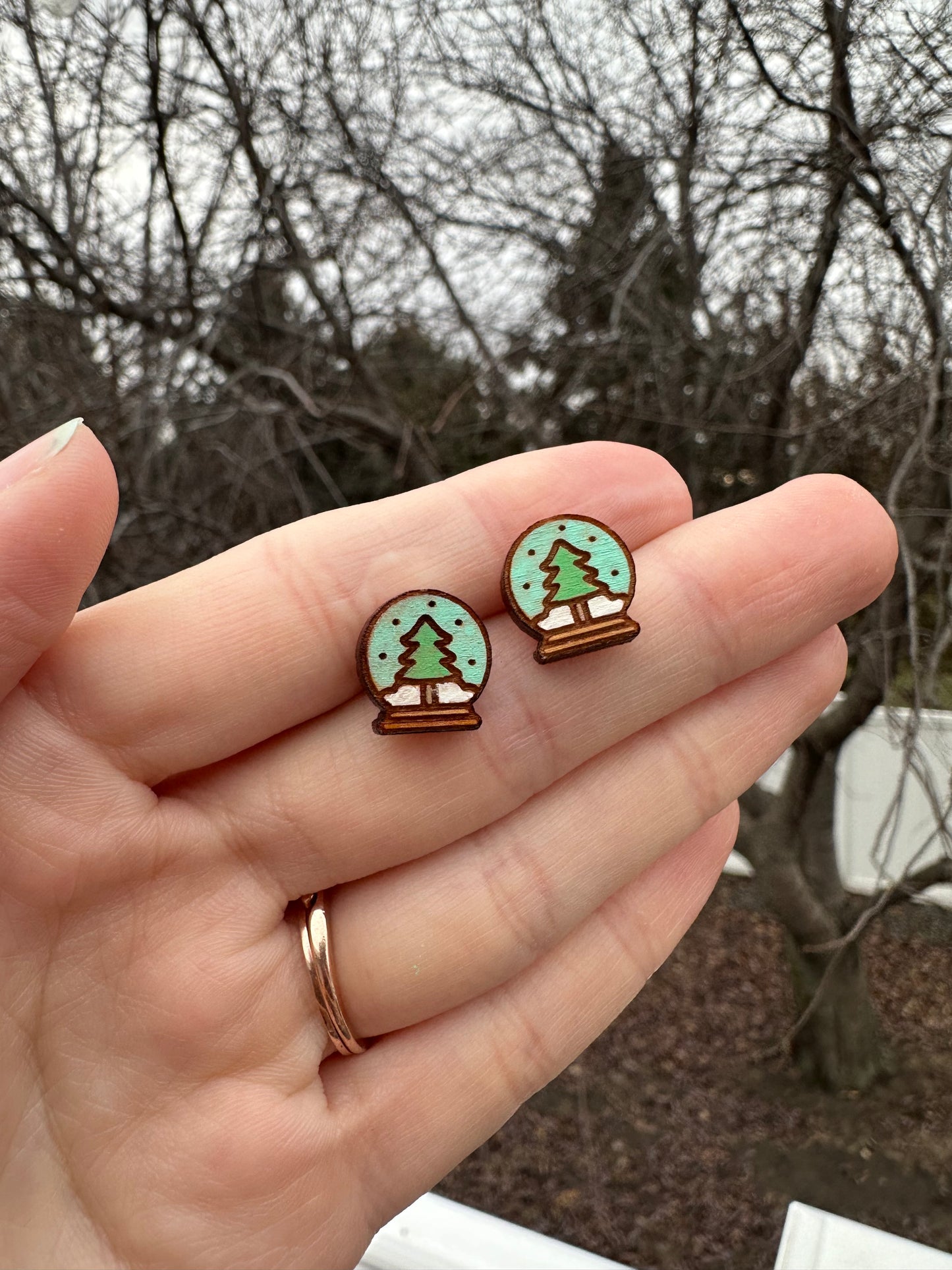 Snow Globe Wood Stud Earrings