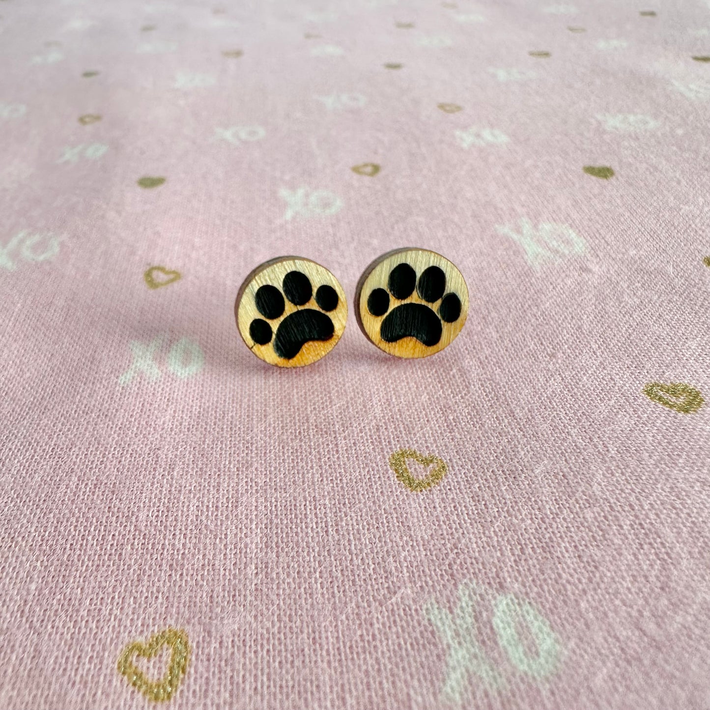 Paw Prints Dark Filled Wood Stud Earrings