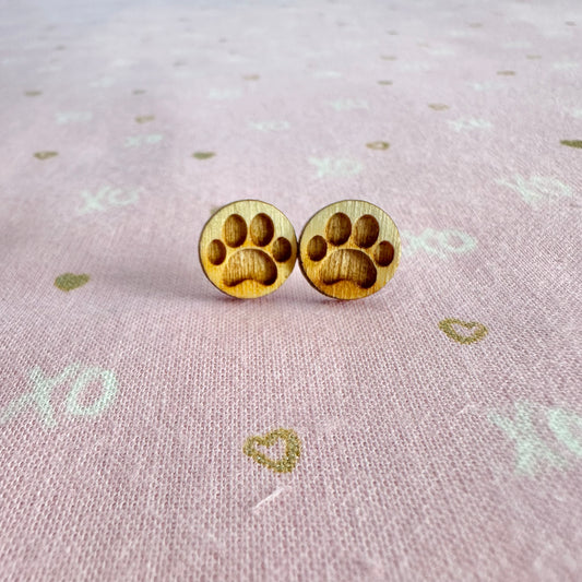 Paw Prints Natural Wood Stud Earrings