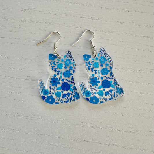 Blue Flower Cat Earrings