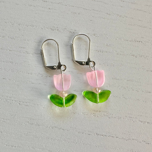 Light Pink Tulip Bead Silver Earrings