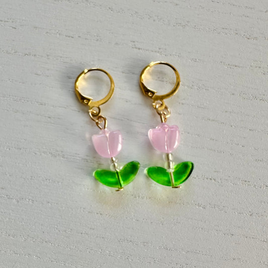 Pink Tulip Bead Gold Earrings