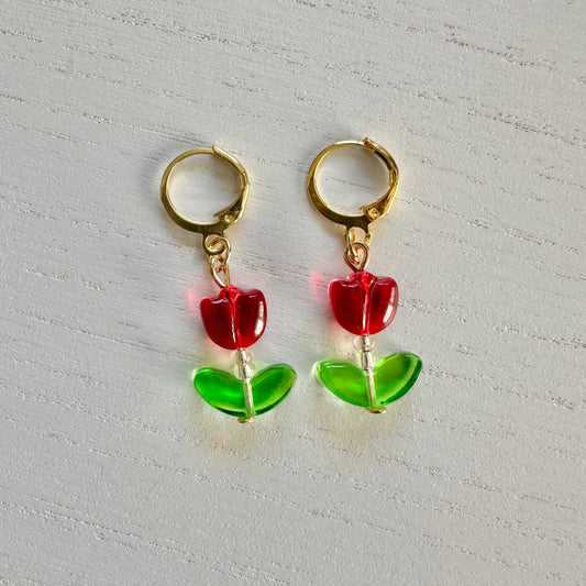 Red Tulip Bead Gold Earrings