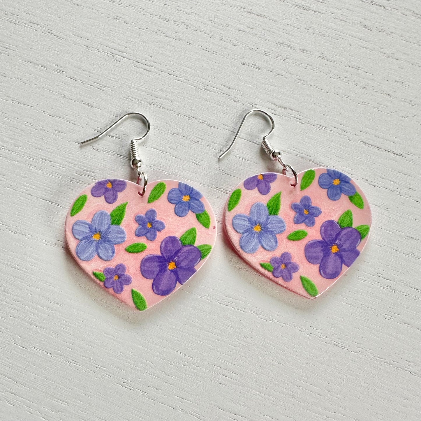 Pink Painted Flower Heart Earrings