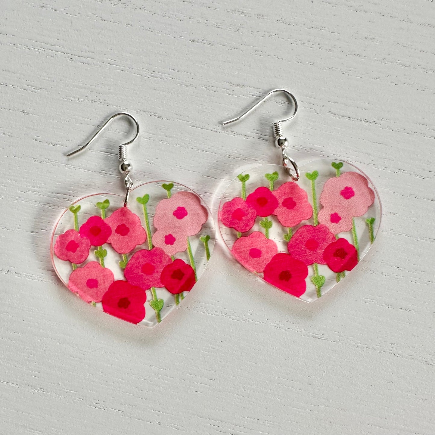 Pink Flower Heart Earrings