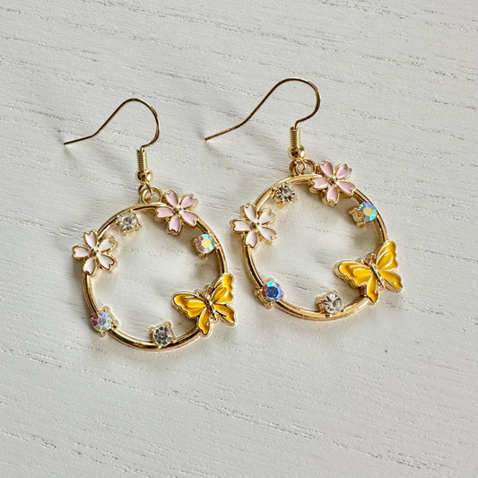 Yellow Butterfly Circle Earrings